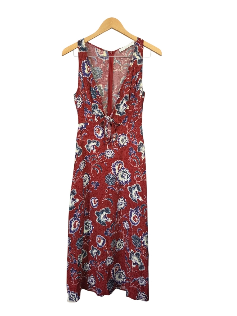 Astr Rust Red Floral Tie-Front Midi Dress with Navy Accents